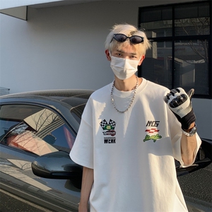纯棉240g紧密赛络五分袖美式赛车短袖t恤男生青少年潮牌体恤图片