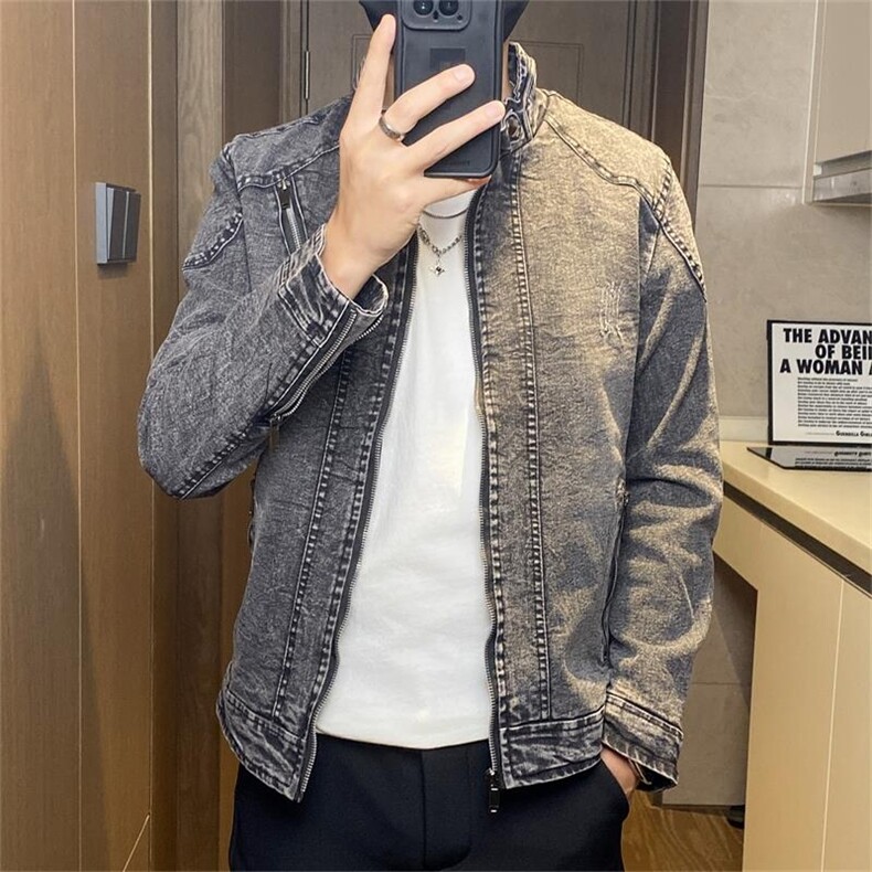 JK1823-P100牛仔外套男水洗复古立领机车夹克青年帅气修身牛仔衣,男装工装外套,电商D310B-1