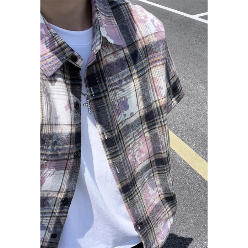 美式扎染格子衬衫短袖男女同款夏季衬衣半袖外套DC2240-特价P25,男装衬衫,电商A007