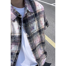 美式扎染格子衬衫短袖男女同款夏季衬衣半袖外套DC2240-特价P25，男装衬衫，电商A007
