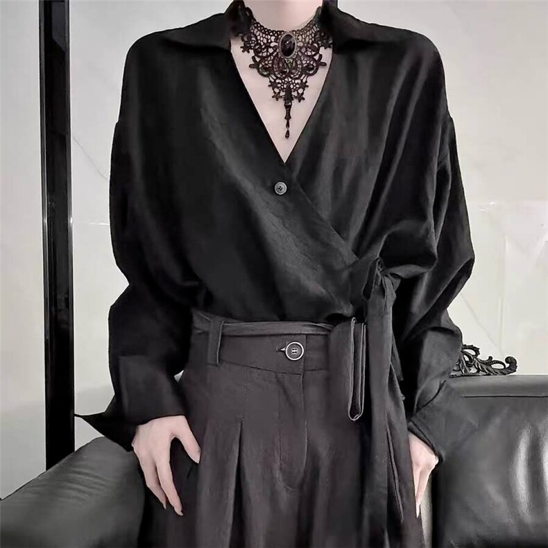 港风秋款男女V领衬衫扎染道袍设计感宽松长袖衬衣cs0243P45,男装衬衫,星座1013-1