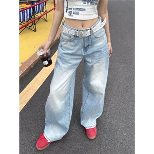 宽松阔腿拖地冰蓝色水洗牛仔裤潮流A6609-P45图片