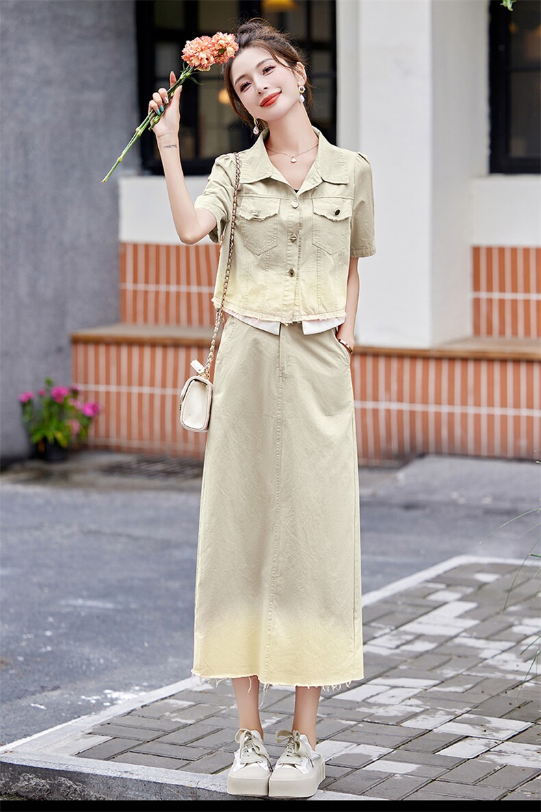 粉色渐变牛仔套装女夏潮2024新款今年流行高端欧货半身裙两件套,女装套装/套裙,韩美纤衣