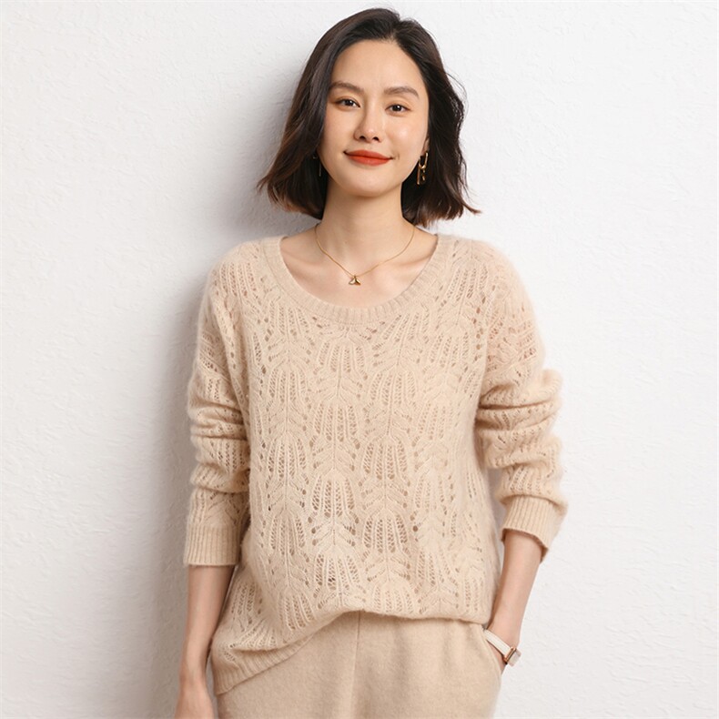 衫女圆领秋冬简约内搭毛衣镂空纯色套头打底衫,女装羊毛衫,五色羊羊绒