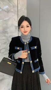 【现货】高品质丝绒拼接牛仔外套,其它,色调轩