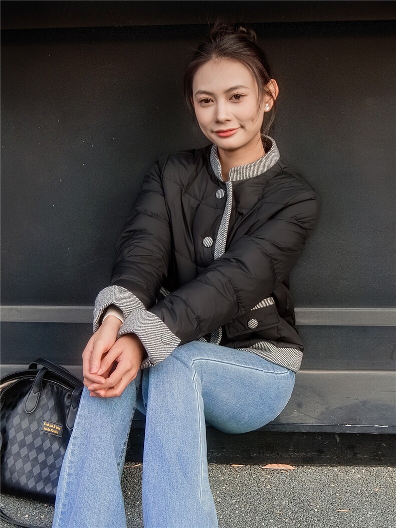 2025新款小香风外套立领拼色羽绒服,女装羽绒服,沫晗依美