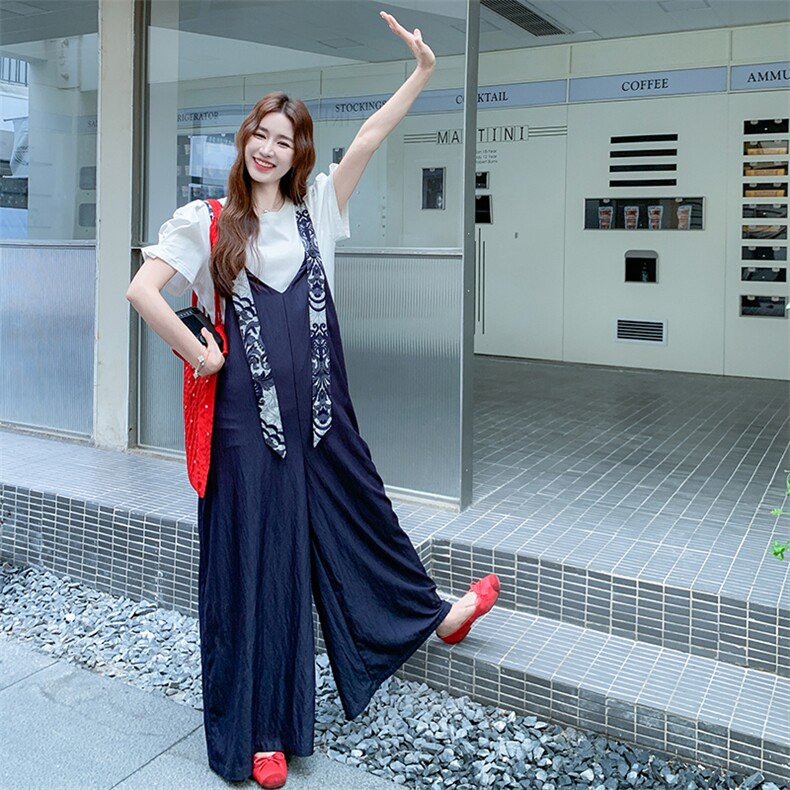 复古设计感拼色印花背带裤女夏季2025薄款小个子显瘦阔腿连体裤,女装连体裤,浙宝276（原081）