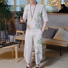 夏季中国风亚麻套装男士大码棉麻唐装汉服禅服短袖两件套HS01-P45，男装T恤，星座509