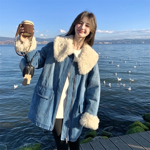 羊卷毛领牛仔羽绒服女2026冬季保暖90白鸭绒外套小个子宽松洋气图片