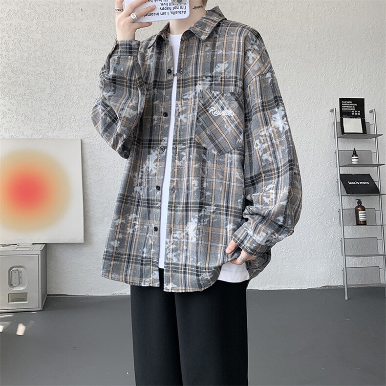 衬衫男秋季新款港风宽松大码格子扎染刺绣长袖衬衣CS3016-P38图片