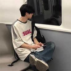 夏季美式高街重磅纯棉三条杠织带撞色男女短袖T恤ZD329-特P30，男装T恤，电商A486