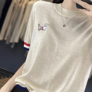 夏新款超细精纺羊毛针织短袖女薄款宽松小狗刺绣圆领拼色T恤上衣图片