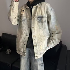牛仔布复古高街牛仔外套男秋季渐变夹克水洗翻领青少年常规款春秋，男装工装外套，星座1013