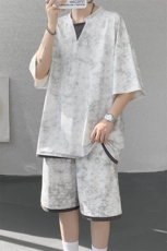特批P55无差价25夏季冰丝顺滑扎染假两件休闲大码两件套男TZ5362，男装休闲套装，电商A001-1
