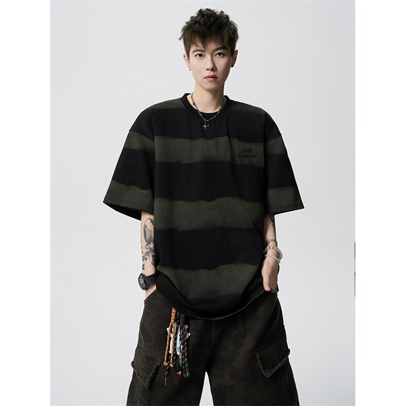 8XL-M高品质纯棉扎染条纹短袖T恤男宽松美式复古半袖情侣DX339,男装T恤,电商D206-1