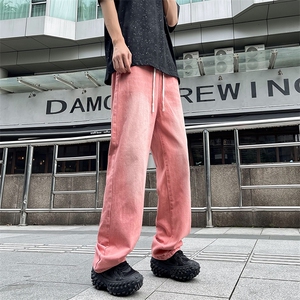 粉红色牛仔裤男女士韩版潮流高街百搭2024夏季ins长裤RK1993-P46图片