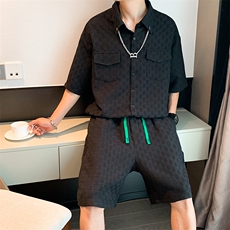 衬衫套装港风潮流休闲短袖短裤两件套衣服送链子W3234套装P55，男装衬衫，星座512-2