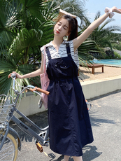 日系减龄学院风背带连衣裙女2025夏季新款韩版收腰显瘦盐系长裙子，女装连衣裙，浙宝192（原082）