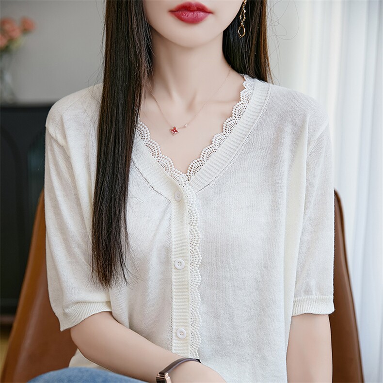 V领针织开衫短袖女25年夏季新款纯色蕾丝边宽松上衣套头,女装T恤,羿纯羊绒高端店