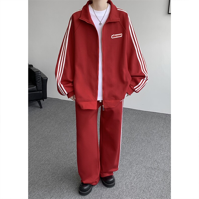 8XL-M条纹撞色开衫新年红卫衣运动套装潮牌运动服校园风TZ114P118,男装休闲套装,电商D206-1