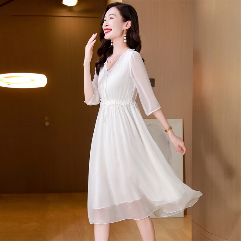 纯色高端真丝连衣裙2025新款女高级感年轻妈妈夏装桑蚕丝气质长裙,女装连衣裙,阿舍尔精品