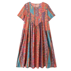 复古文艺碎花棉麻连衣裙女2026夏季宽松遮肚显瘦大码微胖直筒裙子，女装连衣裙，倪叶myz