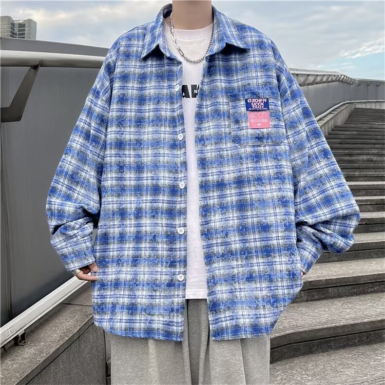 美式复古街头风流行蓝色长袖衬衫春款W1374P40,男装衬衫,星座1116-2