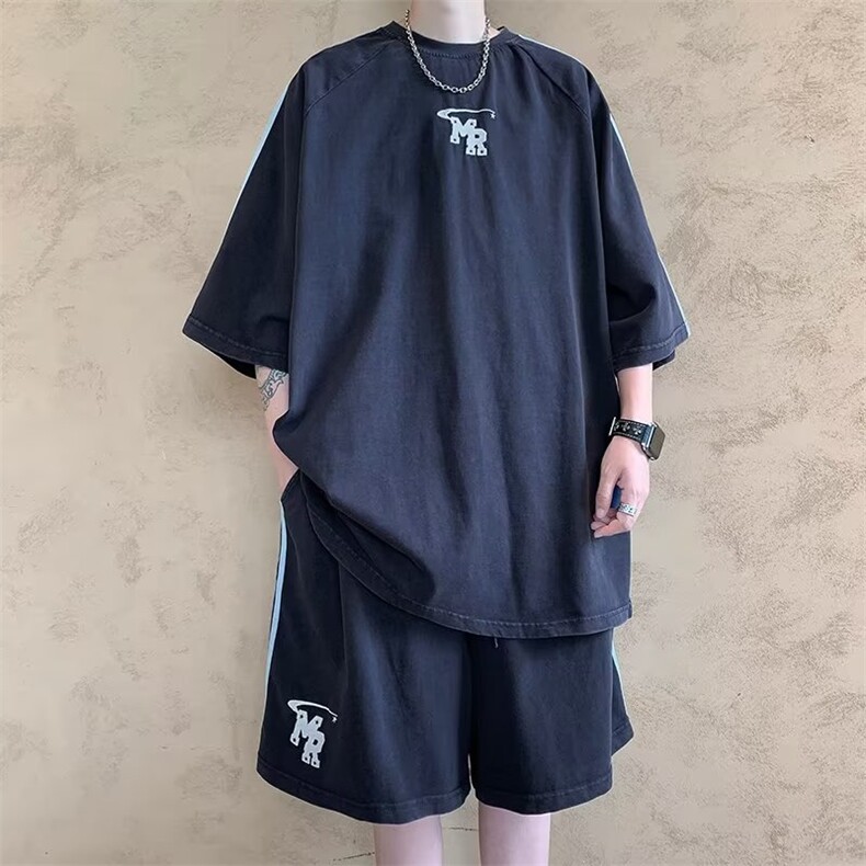 套装男韩版潮流字母印花高街帅气2026夏季新款ins假两件W4802-P48,男装休闲套装,星座412