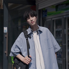 男装短袖条纹美式休闲夏季百搭翻领外套衬衫B225-C6059-P60-X75，男装T恤，电商B225