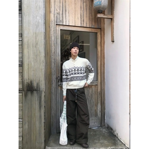 重磅秋冬装北极绒套头毛衣美式复古休闲慵懒风提花工艺针织衫外套图片