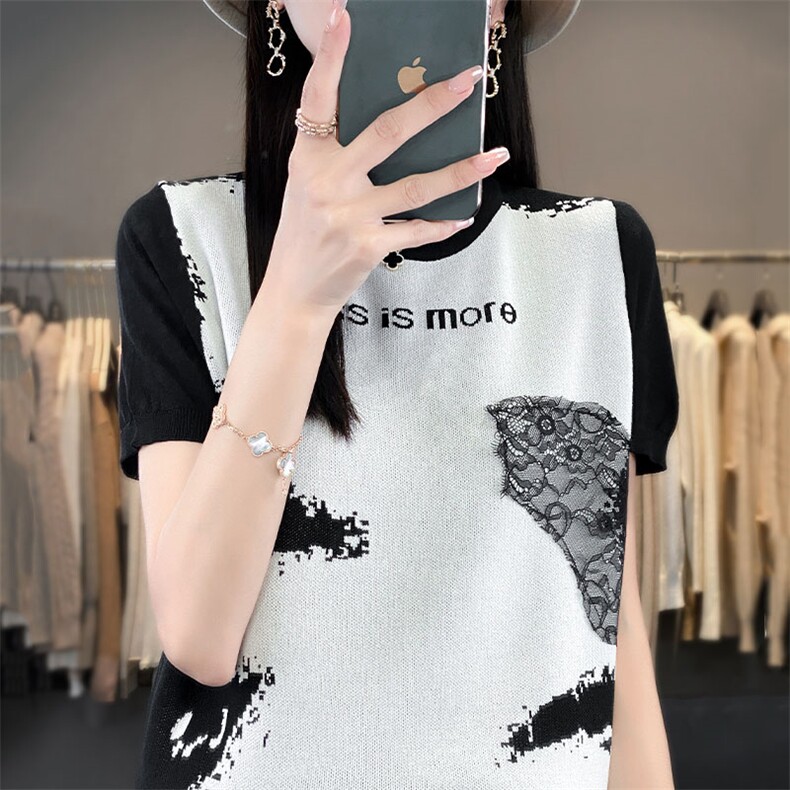 新款女装冰丝短袖针织衫水墨画图案拼接蕾丝设计时尚百搭显瘦上衣,针织衫/毛衣,萱芳婷羊绒