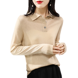 精纺羊毛POLO领打底衫女内搭2025秋冬新款针织衫宽松上衣长袖毛衣图片