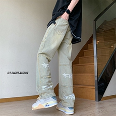 B221美式ins高街暗黑小众毛边印花直筒牛仔裤LK23108-P65控88，男装牛仔裤，电商B221