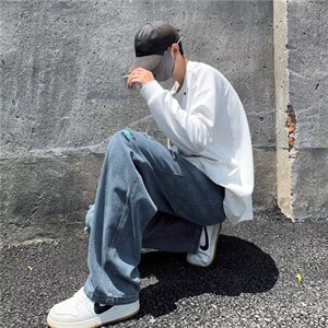 美式高街破洞牛仔裤男新款直筒宽松潮牌坠感阔腿长裤子NK503-p47图片