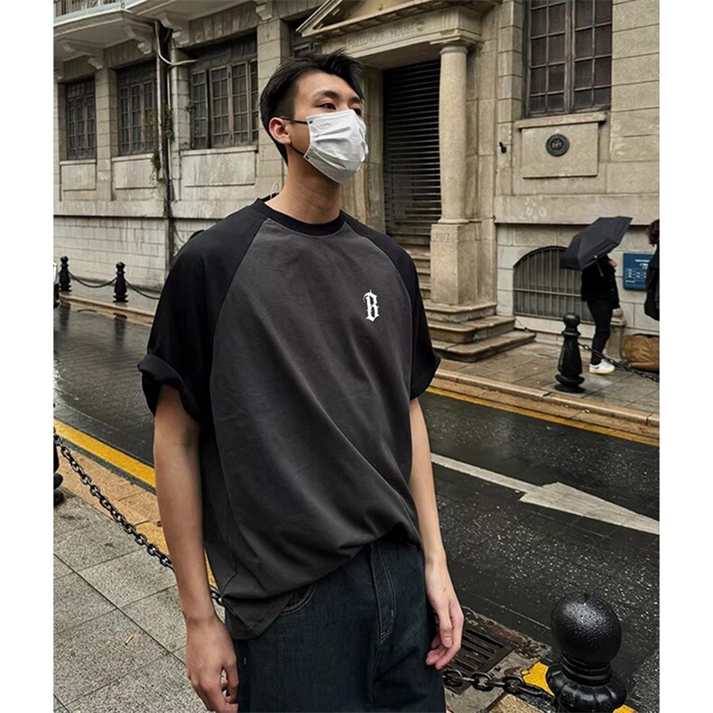 抖音得物高品质二开240克宽松纯棉美式潮牌插肩袖拼接短袖T恤，男装T恤，电商A486-1