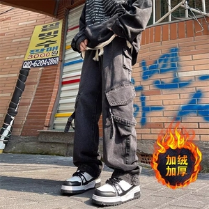 多口袋工装牛仔裤男春秋冬加绒宽松直筒阔腿男生长裤子AM9958 P62图片