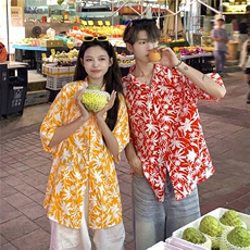 EQ401夏威夷风冰丝衬衫情侣装夏季短袖沙滩旅游度假衬衣男女ins，男装衬衫，电商C306-1