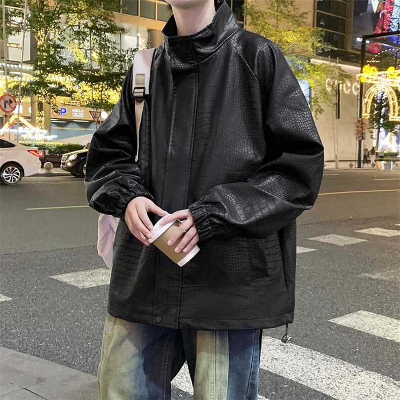 美式复古机车皮夹克秋冬季新款鳄鱼pu皮宽松外套A436-112-P90,男装夹克,电商A436