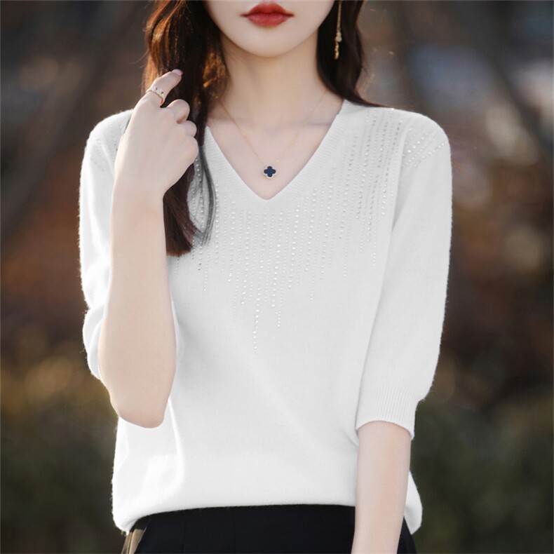 V领精纺羊毛五分袖针织衫女士镶钻半袖T恤打底衫宽松休闲短袖上衣，女装针织衫/毛衣，斯美雅安迪绒