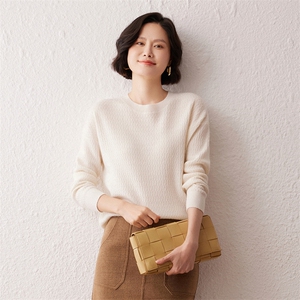 2025春秋新款羊绒衫女100纯山羊绒圆领长袖纯色上衣休闲百搭毛衣图片