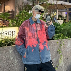 美式做旧扎染牛仔外套春秋季新款废士风设计感宽松潮流夹克，男装工装外套，星座410-6（原星座1304-1）