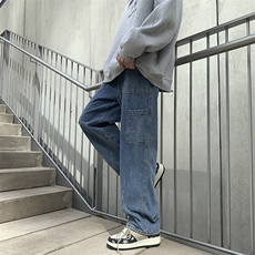 黑色工装复古牛仔裤男潮牌高街vibe美式痞帅cleanfit宽松阔腿裤子，男装牛仔裤，星座308B-2