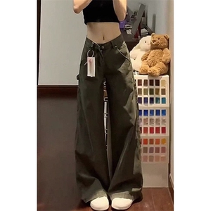 军绿色工装牛仔裤女秋季高腰宽松显瘦阔腿裤N2518