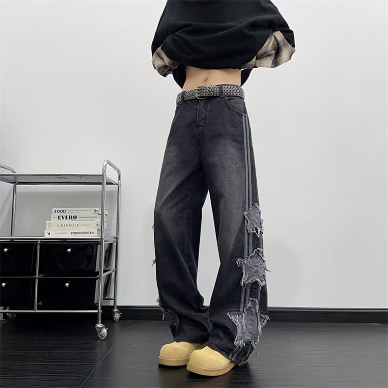侧边条纹五角星贴布牛仔裤男女美式复古垂感阔腿裤RK3143-P53,男装牛仔裤,星座412-3