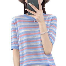 圆领条纹撞色冰丝针织t恤女24夏季新款短袖薄款镂空打底短款上衣，女装T恤，秋虹羊绒