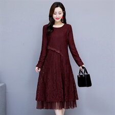 连衣裙纯色圆领2020年冬季长袖长裙拼接植绒纯色，女装连衣裙，安之芮娜