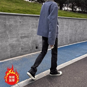 美式复古闪电裂纹牛仔裤加绒加厚直筒裤拖地阔腿裤K8002-P52网图图片