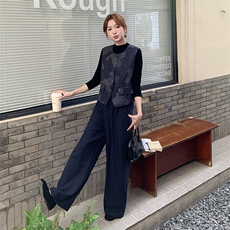 新款复古印花马甲阔腿裤三件套，女装套装/套裙，2D075