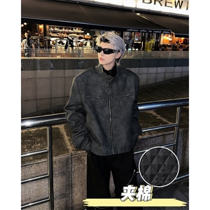美式复古做旧加棉夹克潮牌设计感痞帅保暖立领Pu皮衣外套图片