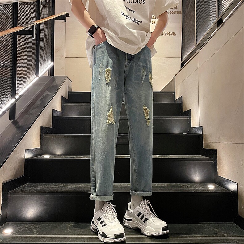 高街潮流夏季破洞牛仔裤百搭宽松九分裤,男装牛仔裤,电商A409-1